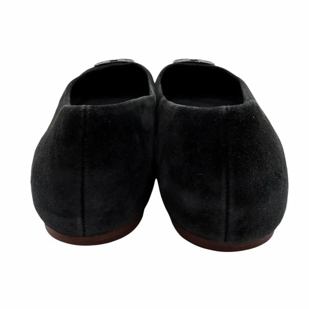 Tory Burch Gigi Ballet Flats Black Suede Square Toe Logo Size 8 Quiet Luxury